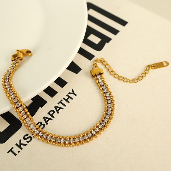 Pulsera de cadena de acero inoxidable chapada en oro de 18 quilates con cuentas sencillas y diamantes de imitación para mujer, serie lujosa, 1 unidad