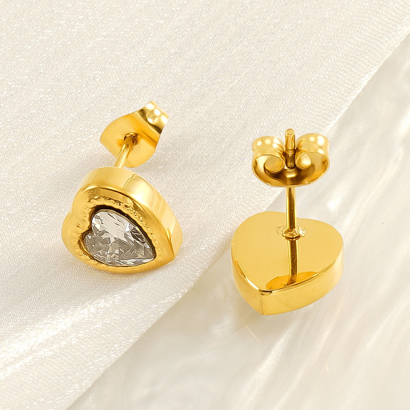 1 Pair Romantic Sweet Style Heart Shape Stainless Steel 18K Gold Plated Inlay Zircon Women's Stud Earrings Picture5