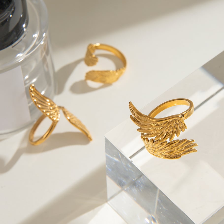 1 Pair Luxurious Series Retro wing Stainless Steel 18K Gold Plated Women Adjustable Rings Picture4