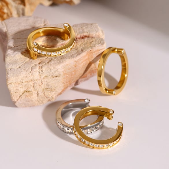 1 paio di anelli regolabili da donna in stile geometrico in acciaio inossidabile placcato oro 18 carati con strass, serie semplice