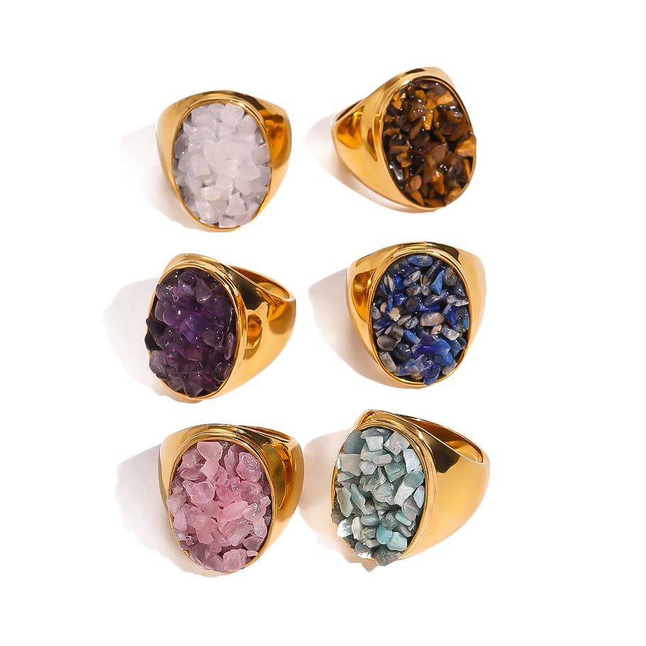 1 Paar Simple Series Retro Geometrischer Edelstahl 18 Karat vergoldet Naturstein Damen Einzelring Bild6