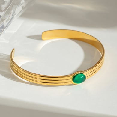 1 Piece Stylish Series Retro Geometric Stainless Steel Gold Color Natural Stone Women's Bangles h5 Picture4