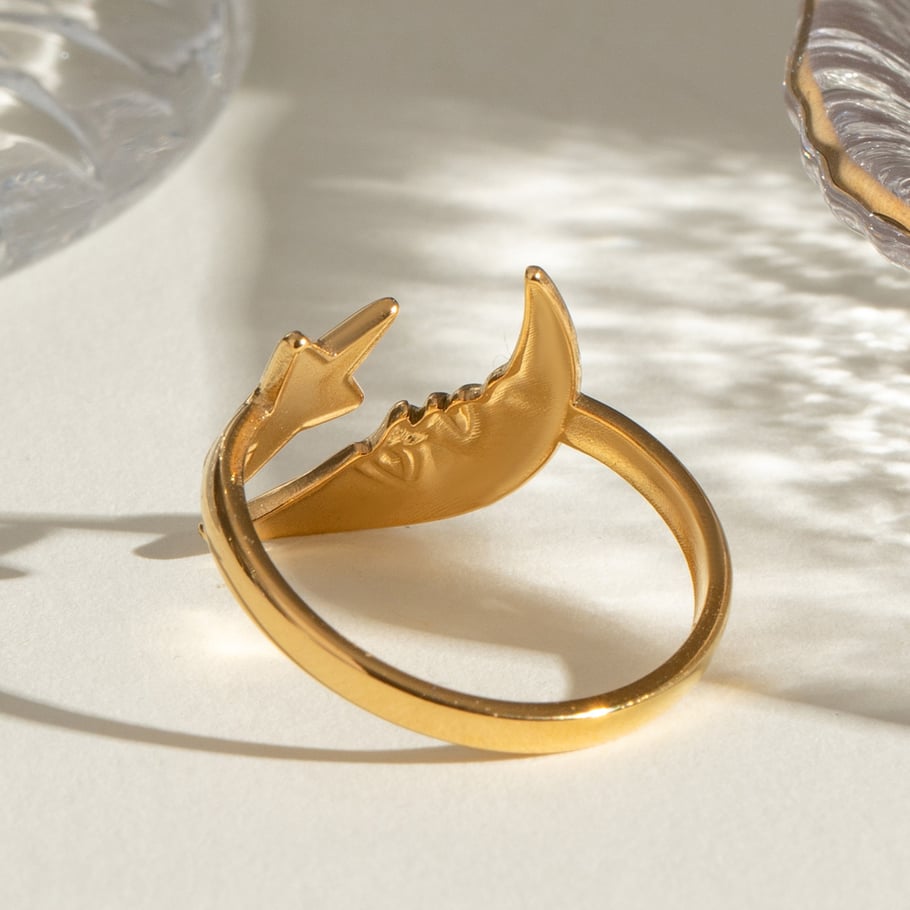 1 Piece Simple Casual Style Moon and Pentagram Shape Stainless Steel 18K Gold Plated Women's Adjustable Ring Picture3