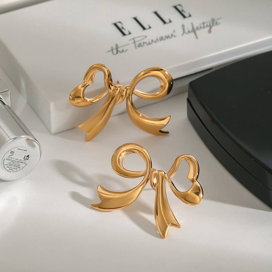 1 Pair Romantic Series Graceful Bow Knot Shape Stainless Steel Gold Color Women's Stud Earrings h5Picture4
