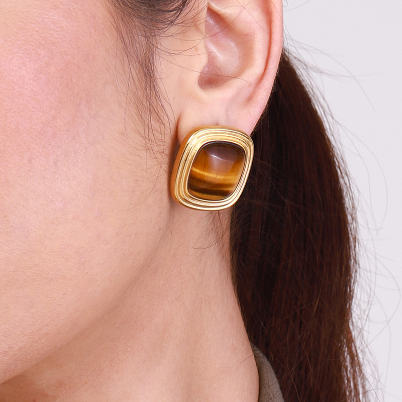 1 Paar Klassische Serie Europa und Amerika Viereck Edelstahl Gold Farbe Naturstein Damen Ohrstecker Bild8