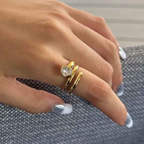 1 paire de bagues simples pour femme en acier inoxydable plaqué or 18 carats avec zircone, style décontracté, série Simple 2
