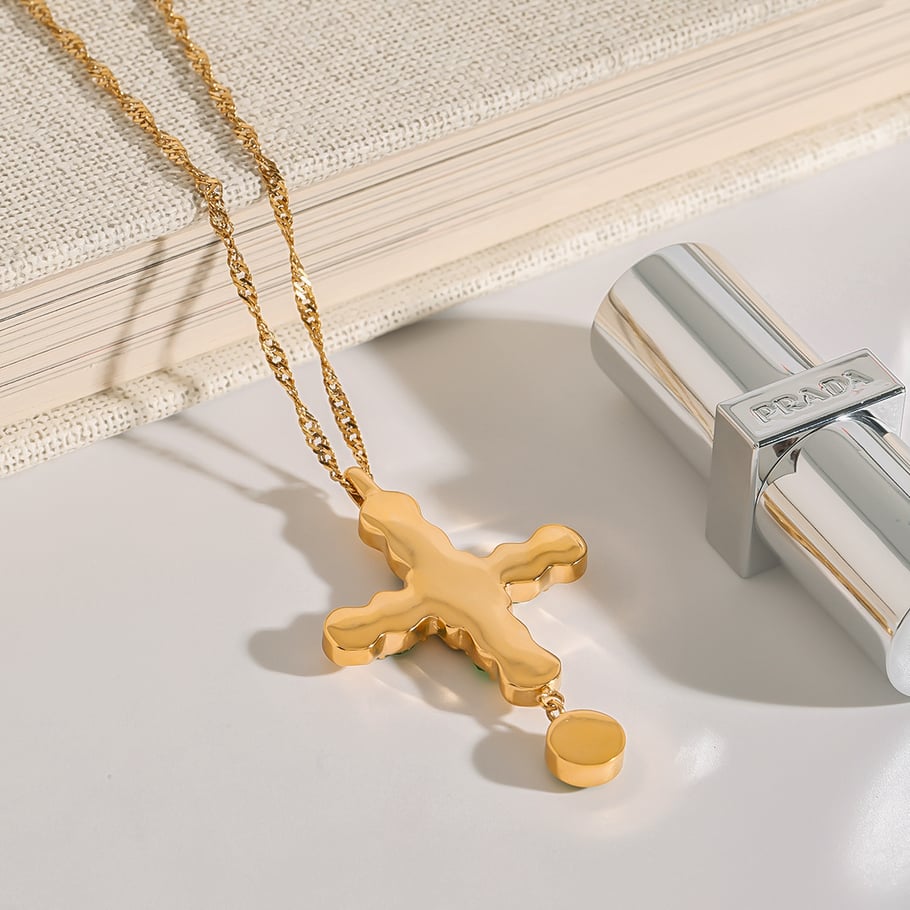1 Piece Exquisite Series Fashionable Green Cross Stainless Steel Gold Color Women's Pendant Necklaces Picture7