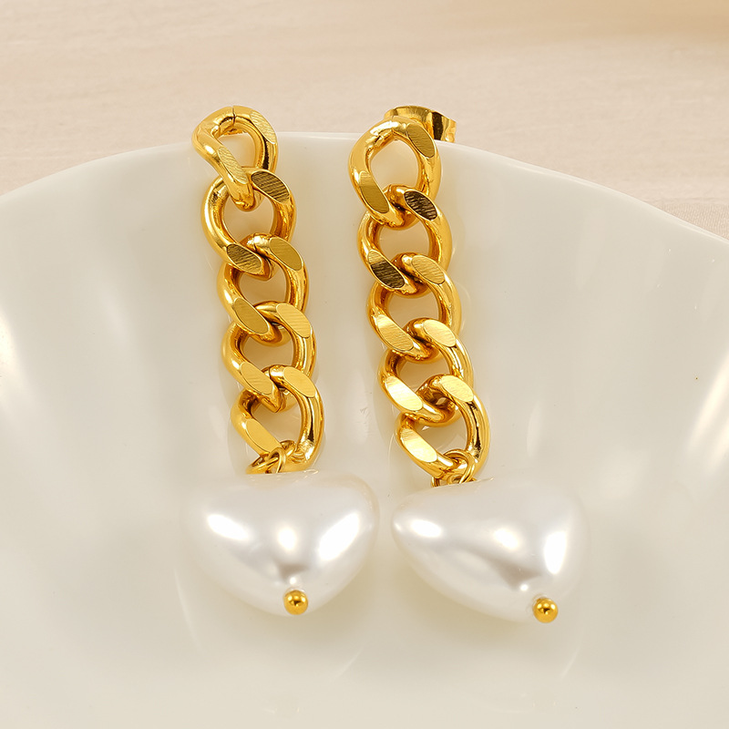 1 Pair Simple Sweet Style Heart Shape Titanium Steel 18K Gold Plated Inlay Artificial Pearl Women's Drop Earrings Picture3