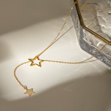 grenzüberschreitender europäischer und amerikanischer -stil, leichte luxus-nische, 18 karat gold, edelstahl, großer und kleiner fünfzackiger sternanhänger, y-förmige kette, halskettenschmuck h5 Bild3