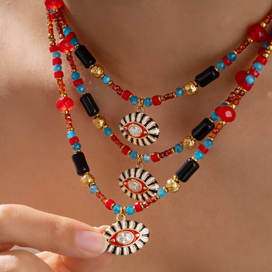 Collana con perline da donna in acciaio inossidabile color oro con occhio retrò, serie lussuosa, 1 pezzo Immagine10
