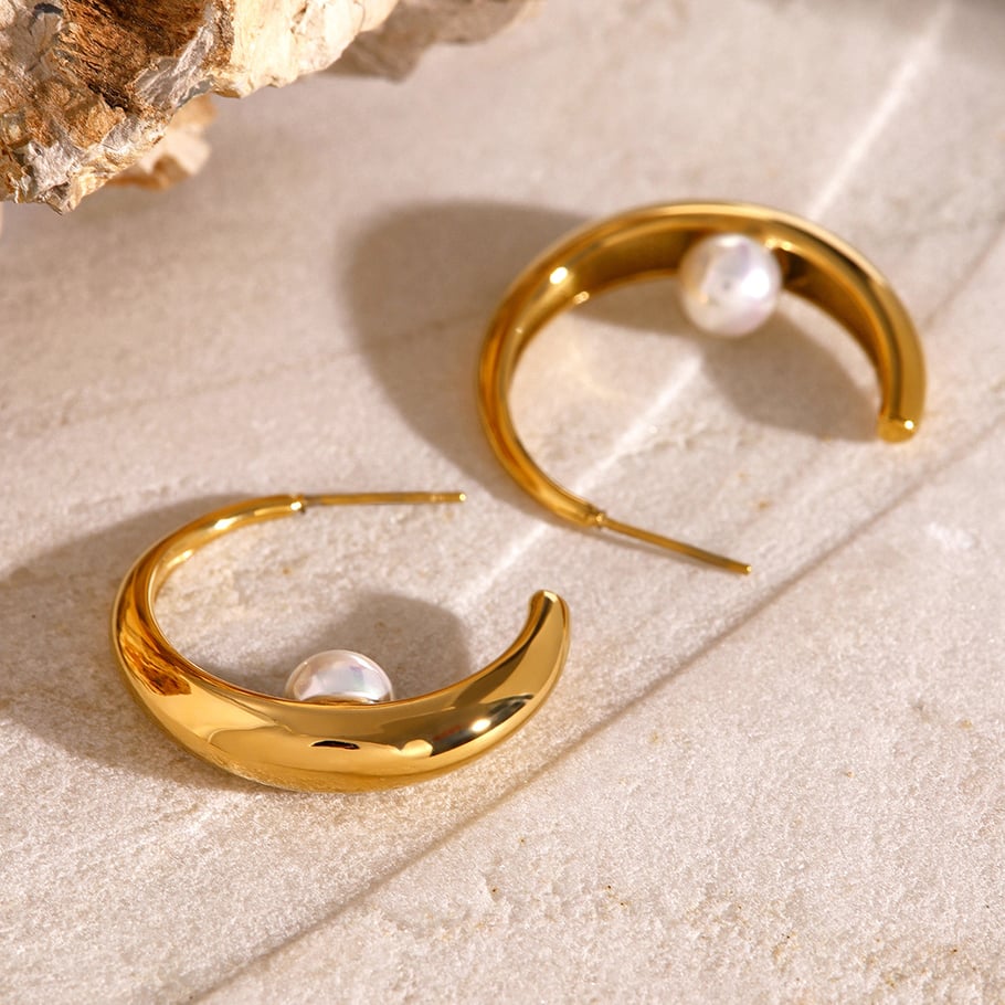 1 pair simple series elegant geometric stainless steel gold plated artificial pearl women hoop earrings h5Picture3