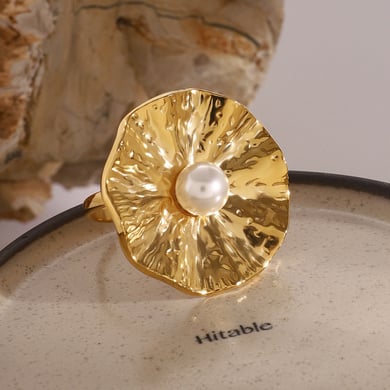 1 Pair Classic Series Retro Flower Stainless Steel 18K Gold Plated Artificial Pearl Women Adjustable Rings h5 Picture4