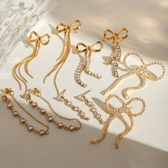 1 Pair Romantic Sweet Style Bowknot Shape Stainless Steel 18k Gold Inlay Zircons Women's Drop Earrings