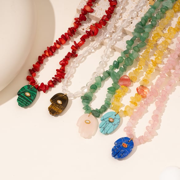 1 Piece Polychrome Series Bohemian Hand Shape Stainless Steel Gold Color Irregular Natural Stone Women's Beaded Necklaces 2