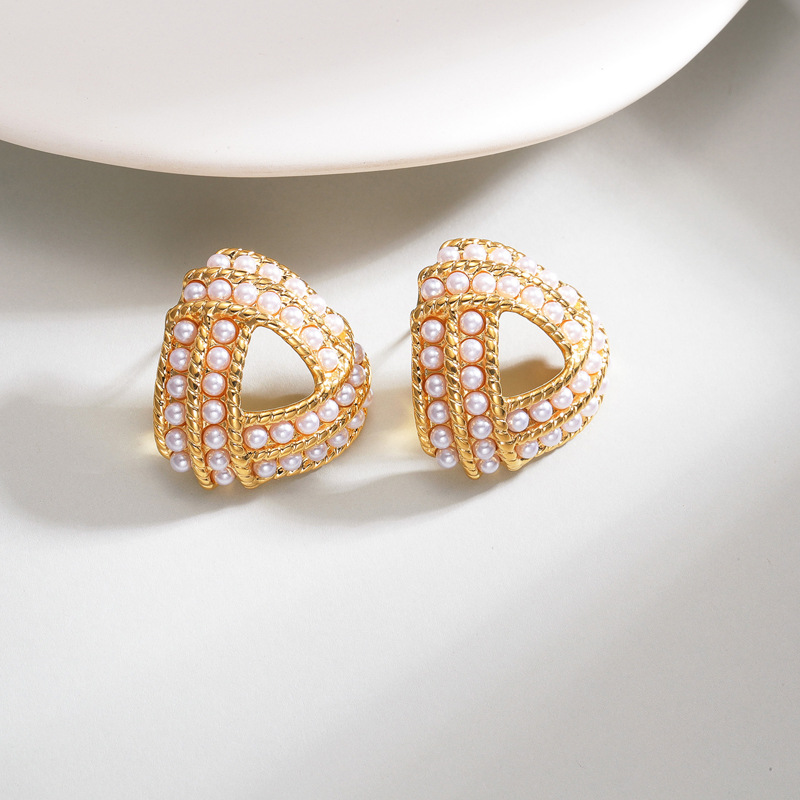 1 paire de boucles d&#39;oreilles créoles rétro géométriques en acier inoxydable plaqué or 18 carats avec perles artificielles pour femmes, série romantique Image4