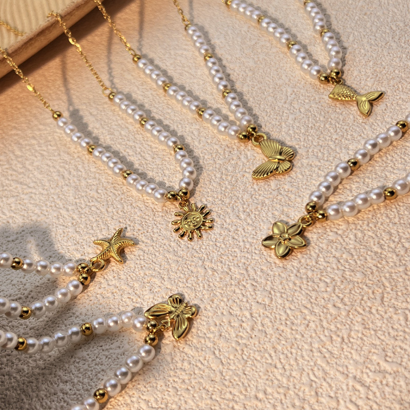 1 Piece Vacation Series Retro Marine Element Shape Stainless Steel Gold Color Women's Beaded Necklaces h5Picture4