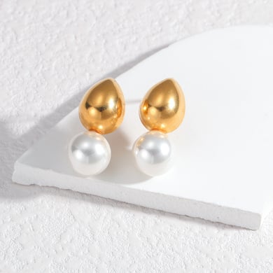 1 paire de boucles d&#39;oreilles à tige en acier inoxydable plaqué or 18 carats avec perles artificielles pour femme, style rétro patchwork, série simple h5 Image4