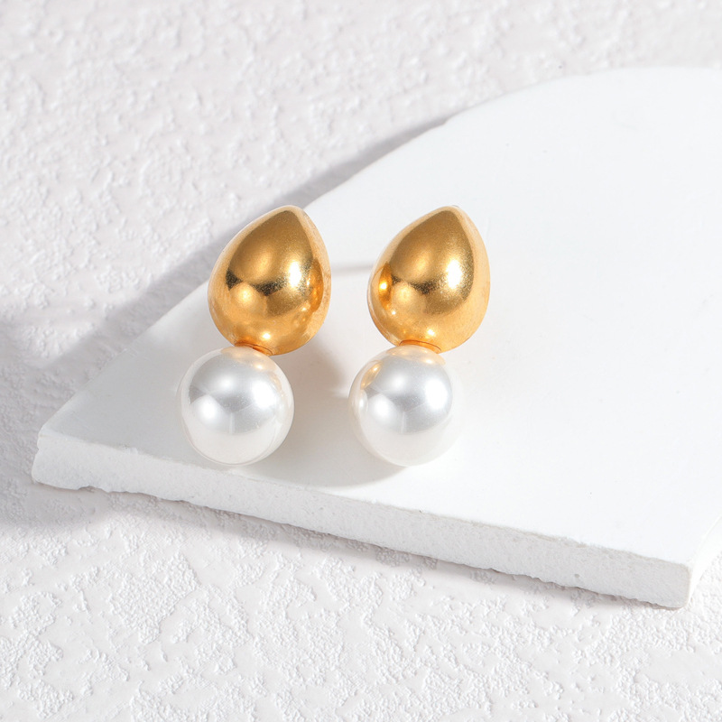 1 paire de boucles d&#39;oreilles à tige en acier inoxydable plaqué or 18 carats avec perles artificielles pour femme, style rétro patchwork, série simple Image4