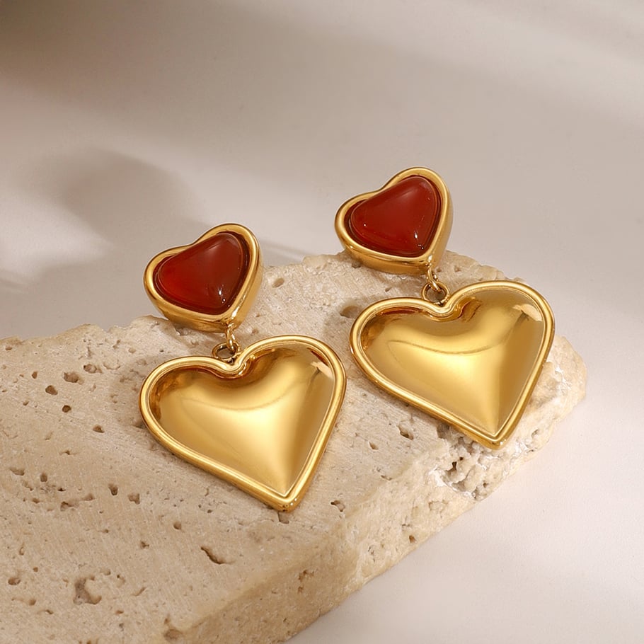 1 Pair Classic Series Sweet Heart Stainless Steel 18K Gold Plated Artificial Gemstone Women Drop Earrings Picture4