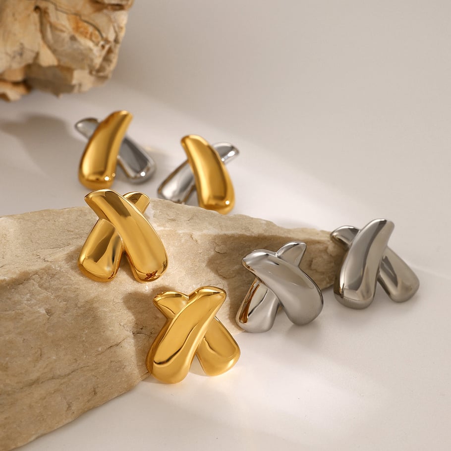 Boucles d&#39;oreilles en forme de X en acier inoxydable or 18 carats de style Ins, bijoux symétriques, plaqués sous vide, anti-décoloration et anti-allergiques Image4