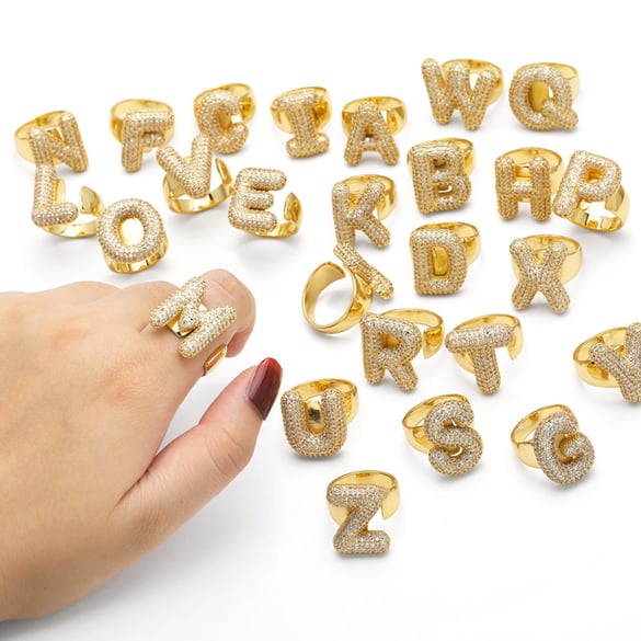 1 paire de bagues ajustables pour femme, série Simple, lettre simple, cuivre plaqué or, zircon