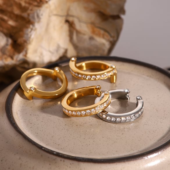 1 paio di anelli regolabili da donna in stile geometrico in acciaio inossidabile placcato oro 18 carati con strass, serie semplice 2