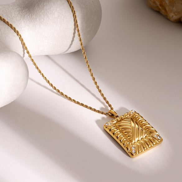 1 Pair 18k gold stainless steel rhinestone square necklace women's thread inlaid rhinestone pendant necklace unisex pendant necklace 2