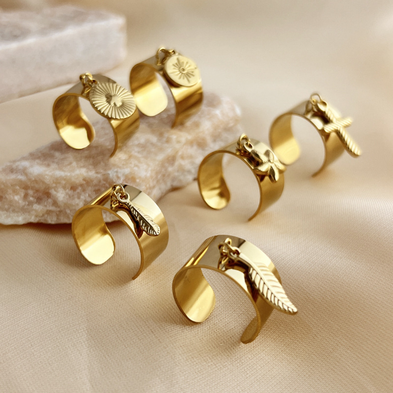1 Piece Stylish Series Exquisite Marine Organism Dangle Stainless Steel Gold Color Women's Adjustable Rings h5Picture4