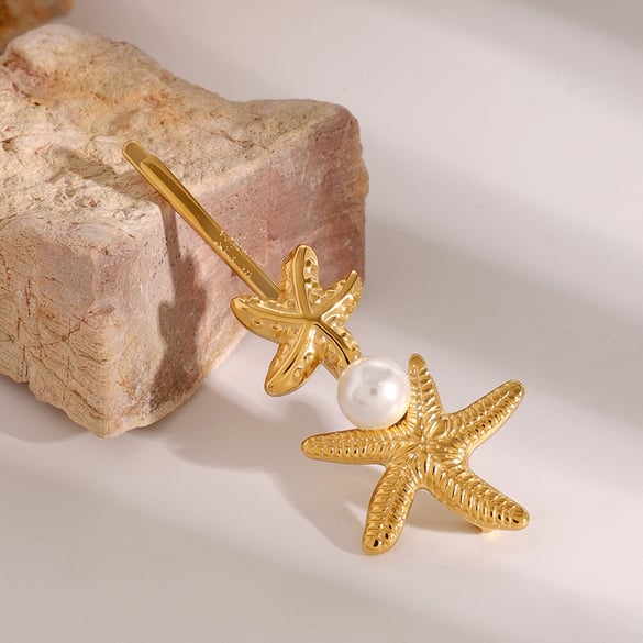 1 Pair Simple Series ins style Turtle Stainless Steel 18K Gold Plated Artificial Pearl Women Hair Clips