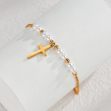 1 par de tobilleras clásicas de acero inoxidable con perla artificial chapada en oro de 14 quilates para mujer. h5 Imagen4
