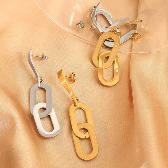 1 par de pendientes colgantes de acero de titanio dorados con diseño geométrico simple para mujer 2