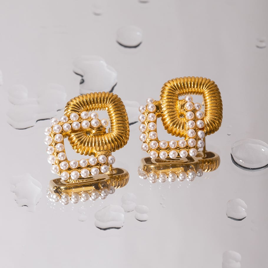 1 pair classic series elegant geometric stainless steel gold plated artificial pearl women drop earrings h5Picture4