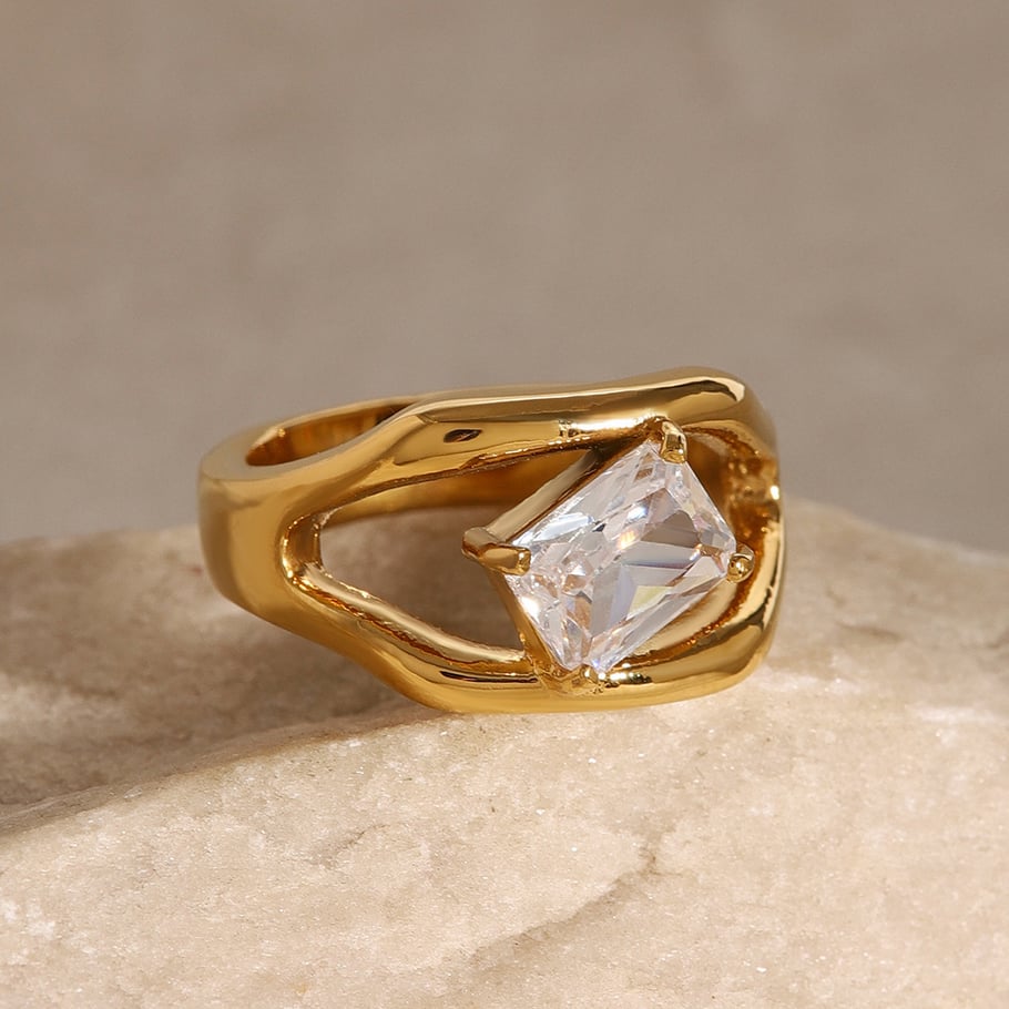1 Paar Simple Series Klassischer geometrischer Edelstahl 18 Karat vergoldeter Zirkon Damen-Einzelring Bild4