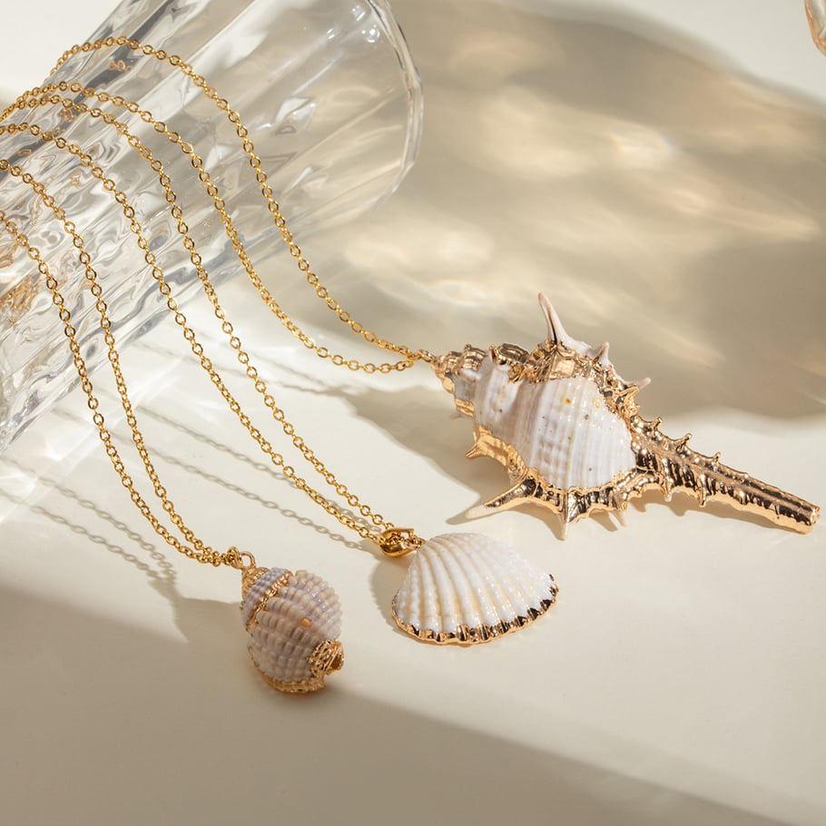 Grenzüberschreitende europäische und amerikanische Ins-Stil 18 Karat Gold Edelstahl dünne Kette hängende weiße Rose Gold Muschel Anhänger Halskette Schmuck Bild3