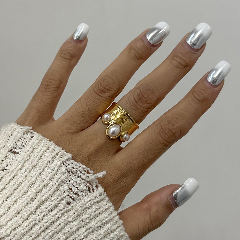 1 Paar Ethnische Serie Retro Geometrische Edelstahl 18K Vergoldet Künstliche Perle Frauen Verstellbare Ringe Bild5