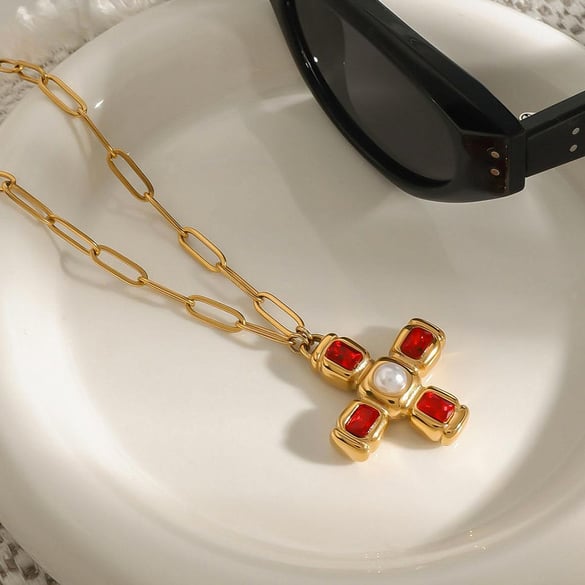 1 Stück Luxuriöse Serie Europa und Amerika Kreuz Edelstahl Gold Farbe Damen Anhänger Halsketten