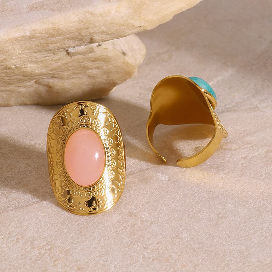 1 Piece Classic Retro Style Geometric Shape Stainless Steel 18K Gold Plated Inlay Natural Stone Women's Adjustable Ring Picture5