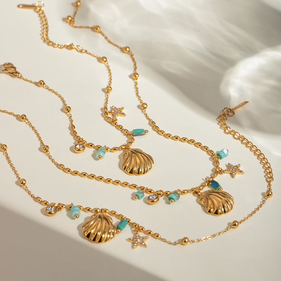 Europäischer und amerikanischer grenzüberschreitender INS-Stil 18 Karat Gold Edelstahl Muschelstern mit eingelegtem Strass blau Amazonit Anhänger Halskette Schmuck Bild4
