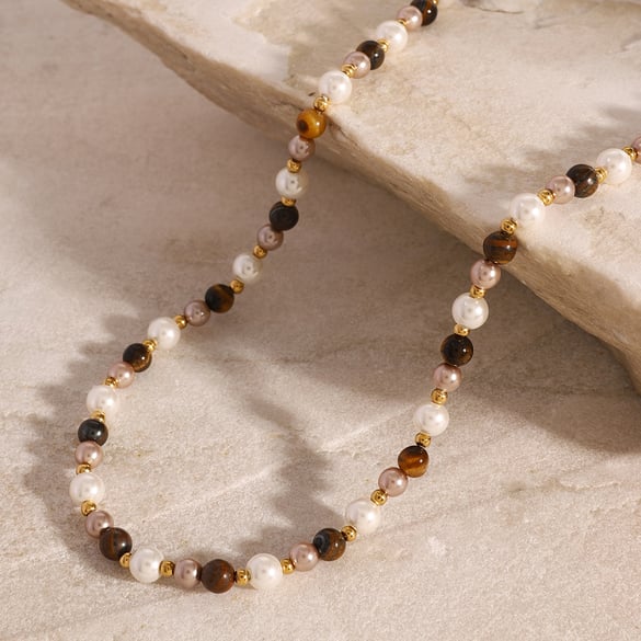 Collier de perles rétro en acier inoxydable plaqué or 18 carats pour femme, série simple, 1 pièce