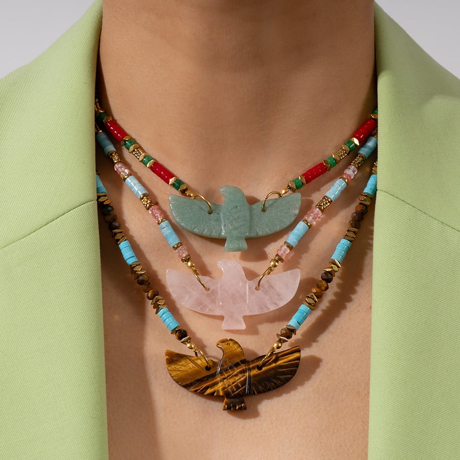 1 Piece Ethnic Series Bohemian Eagle Shape Stainless Steel Gold Color Natural Stone Women's Beaded Necklaces h5Picture4