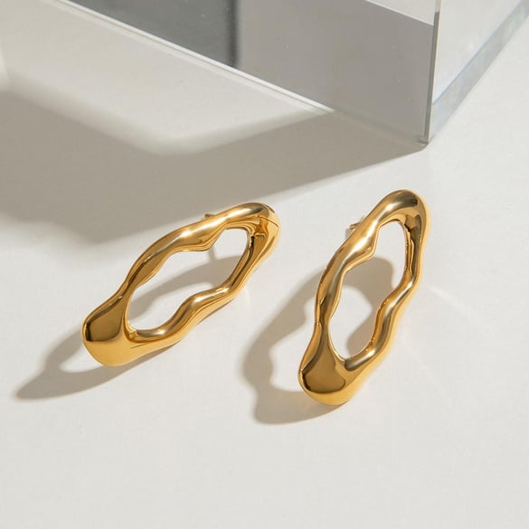 1 Pair Classic Series Original Design Irregular Oval Stainless Steel Gold Color Women's Stud Earrings