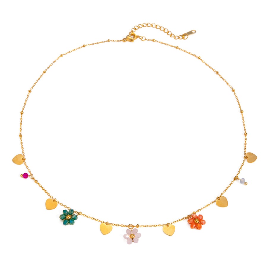 Bijoux transfrontaliers européens et américains de style INS en acier inoxydable 18 carats avec perles de verre colorées en forme de fleur et pendentif d&#39;amour, chaîne de perles rondes Image5