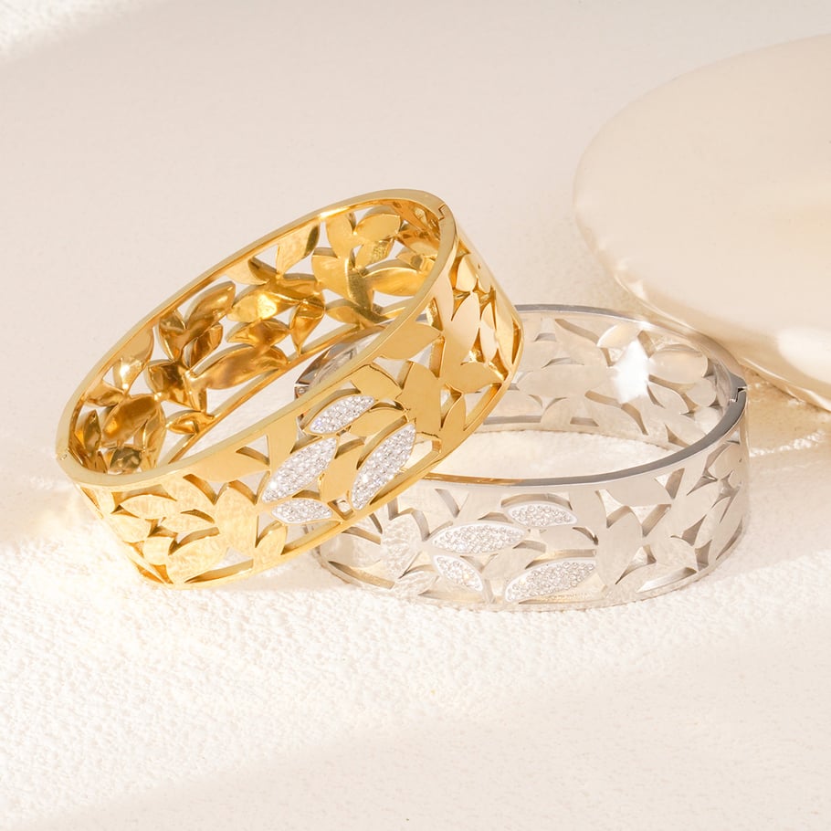 1 Piece Intricate Series Natural Leaves Stainless Steel Gold Color Women's Bangles Picture5
