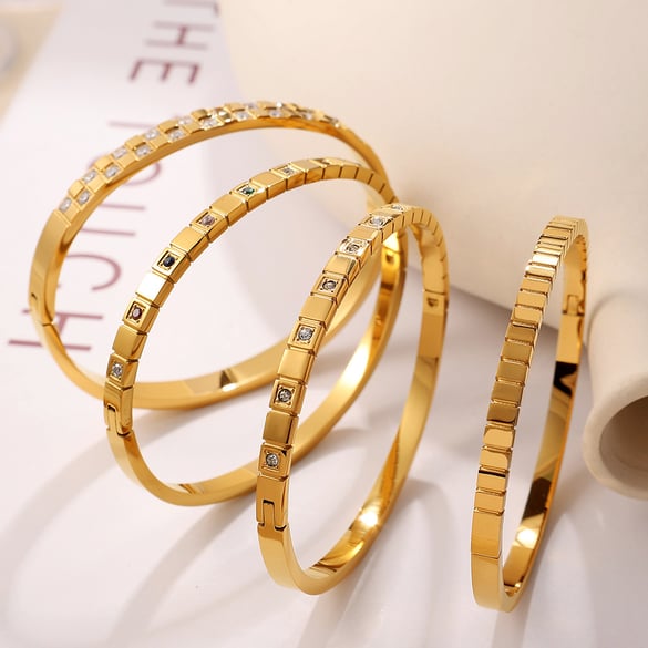 1 Piece Vogue Series Classic Plaid Exquisite Designable Stainless Steel Gold Color Women's Bangles