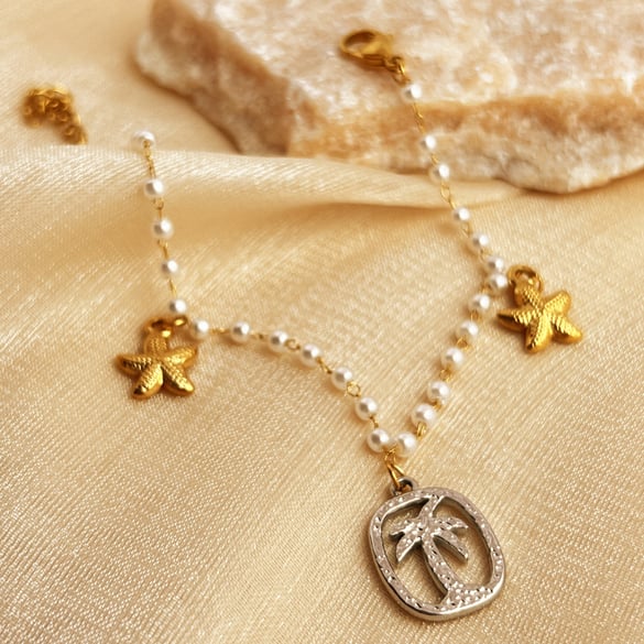 1 Piece Shinning Series Vacational Coconut Palm Stainless Steel Gold Color Women's Beaded Bracelets