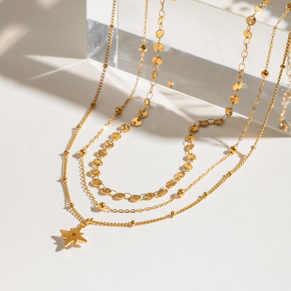 1 pezzo serie classica retrò sole/luna acciaio inossidabile placcato oro 18 carati strass donne collane a strati 2