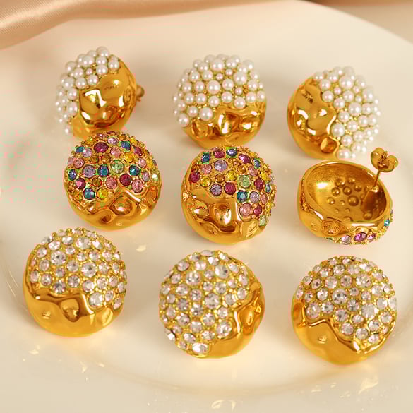 1 paio di orecchini a bottone da donna con strass placcati in oro 18 carati, in acciaio inossidabile, geometrici retrò, serie lussuosi 2