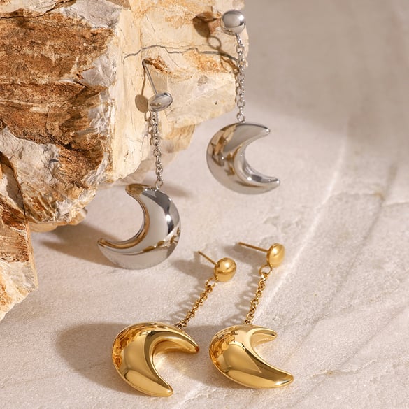 1 paio di orecchini pendenti da donna in acciaio inossidabile placcato oro 18 carati, serie semplice, con sole/luna