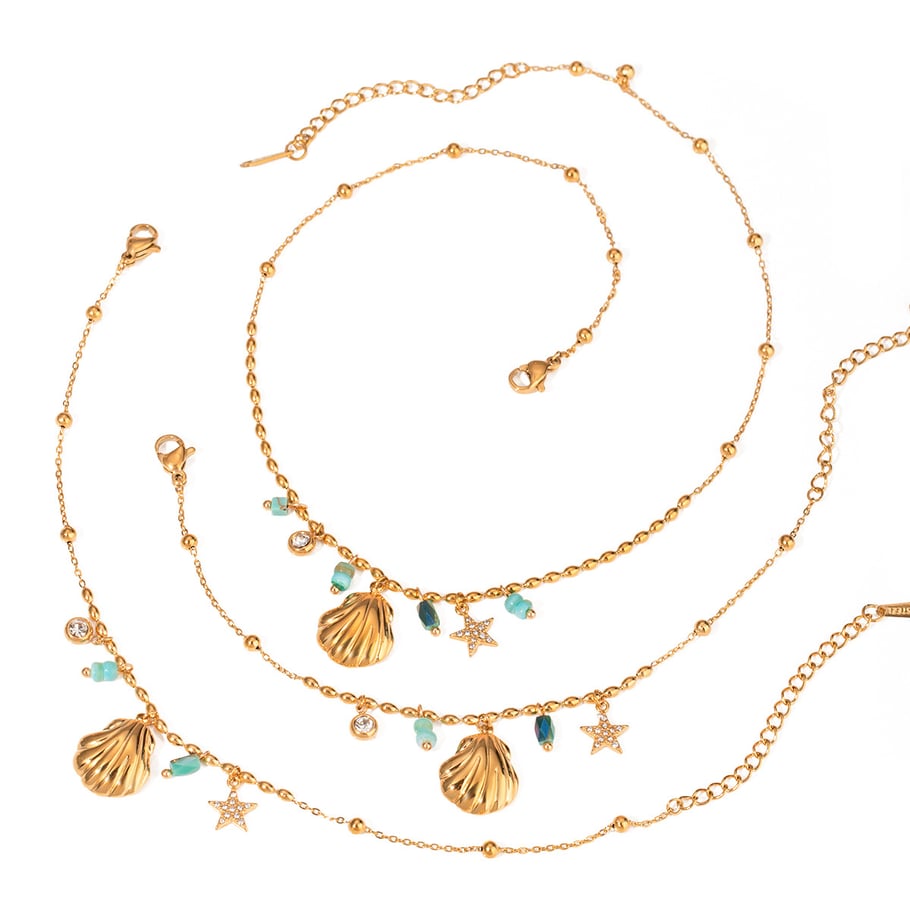 Europäischer und amerikanischer grenzüberschreitender INS-Stil 18 Karat Gold Edelstahl Muschelstern mit eingelegtem Strass blau Amazonit Anhänger Halskette Schmuck Bild6
