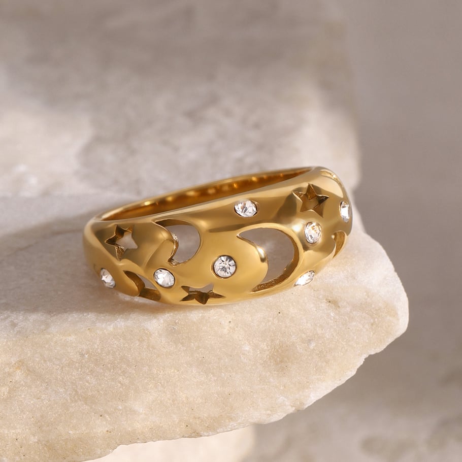 Anillos individuales de acero inoxidable dorados para mujer, de la serie lujosa de Europa y América, con diseño de luna. Imagen6